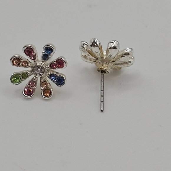 VTG Flower Power Rainbow Rhinestone Daisy Floral Stud Post Earrings Womens Gift - Picture 4 of 9
